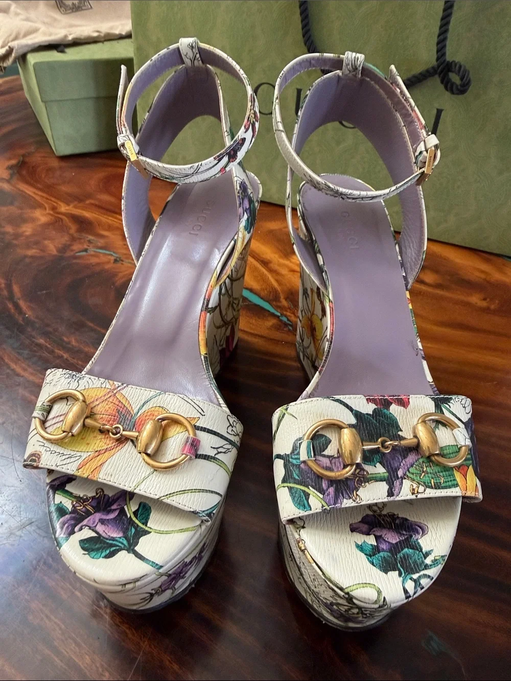 Gucci Floral Platform Sandals in White with Lavender Insole and Gold Hardware